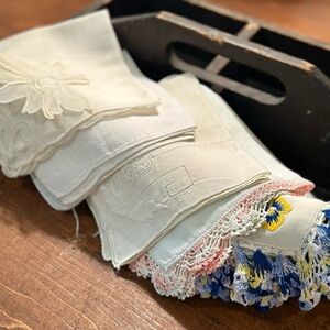 5 Vintage Handkerchiefs with Embroidery, Appliqué, and Crochet Edges